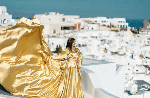 Cleaopatra Golden Satin prewedding Photoshoot Trail Gown