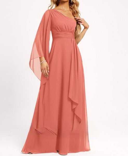 Watermelon Orange One Shoulder Occasion Wear Maxi Dress