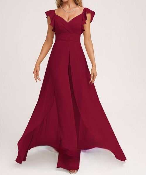 Broad V Neck Ruffled Sleeves Jumpsuit with Trail