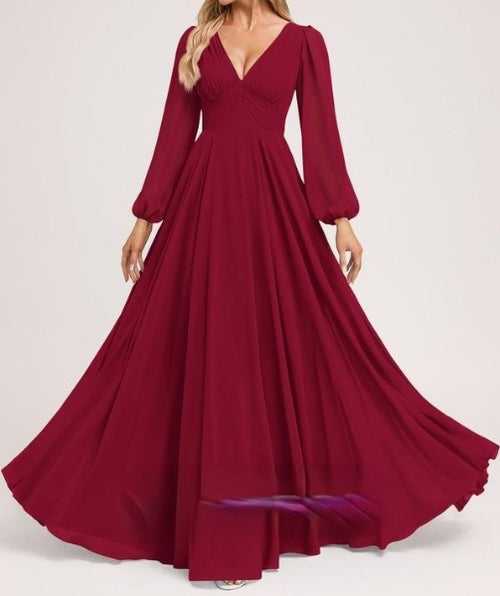 Cherry Red V Neck Puffer Sleeves Maxi Dress