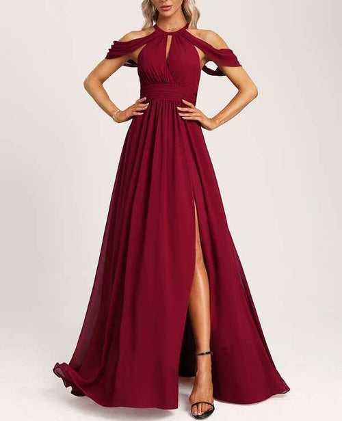 Maroon Cold Shoulder A-Line Halter Floor-Length Bridesmaid Dress