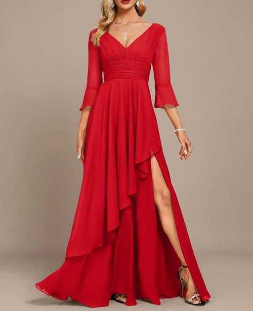 Red Draped V Neck Asymmetrical Georgette Maxi Dress
