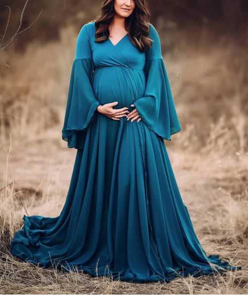 Teal Blue Maternity Dress with Umbrella Sleeves