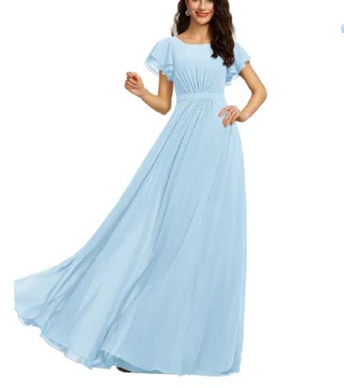 Sky Blue Bridesmaid Flutter Sleeves Maxi Dress