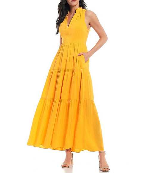 Mango YellowSleeveless Tiered Maxi Dress