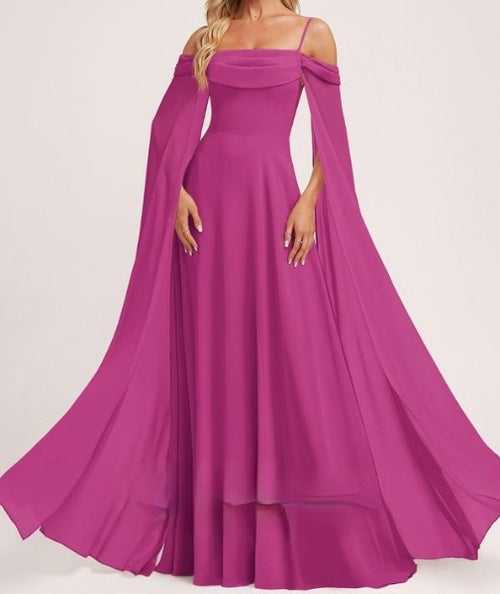 Fuchsia Princess Pink Cold Shoulder Trail Sleeves Maxi Dress