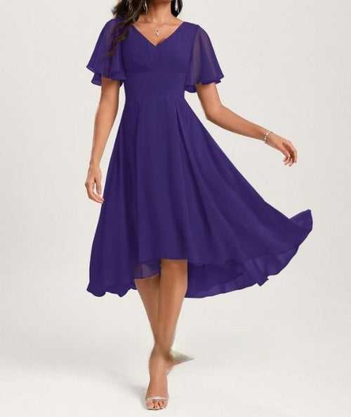 Purple Midi V Neck Umbrella Sleeves Dress