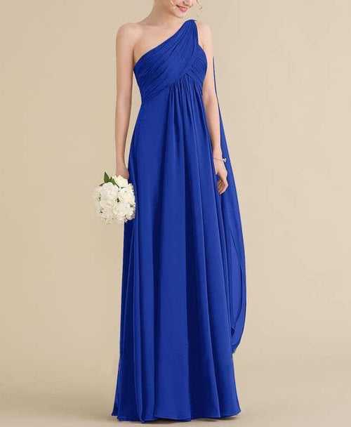 Blue A-Line One-Shoulder Floor-Length Maxi Dress