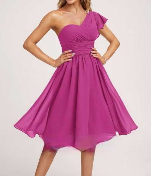 Fuchsia Pink One Shoulder Midi Dress