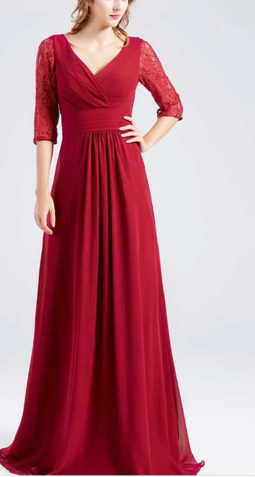 Maroon Red V Neck Dress with Lace Sleeves