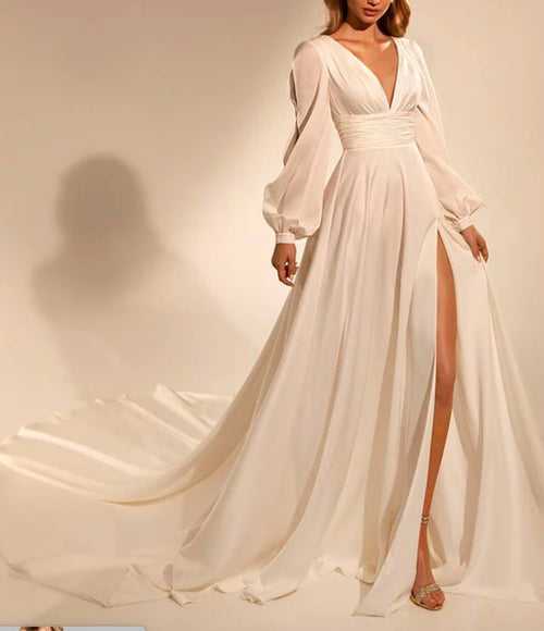 Off White Plunge Deep Slit Maxi Dress with Trail