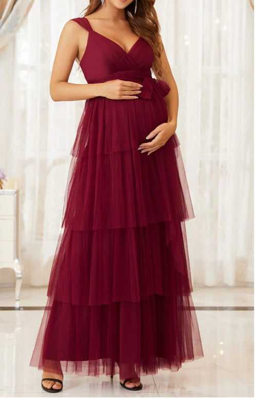 Maroon Red Net Triple Layered Maternity Dress