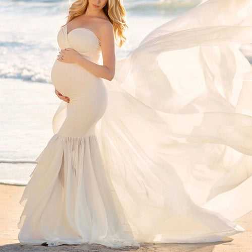 Off Shoulder Off white Maternity Solid Color Strapless Photo Dress