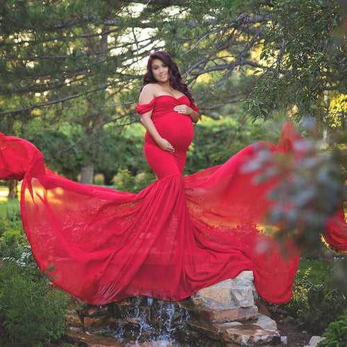 Red Lycra Fitted Maternity gown with all round Geo Trail