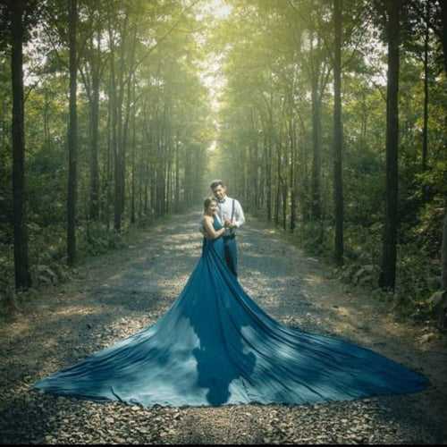 Teal Green One Shoulder Prewedding Mega Trail Gown