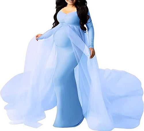 Sky Blue Lycra and Net Trail Maternity Photoshoot Gown