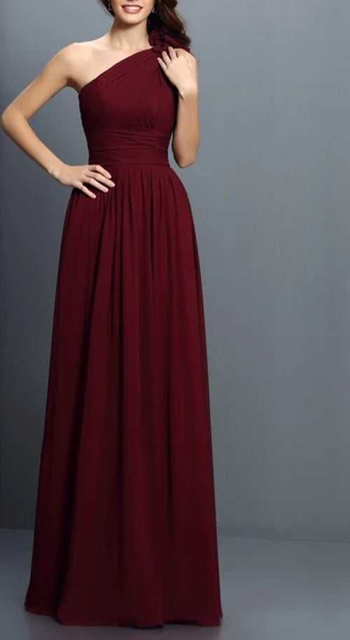 Wine One Shoulder Draped Maxi Dress with shoulder ruffles