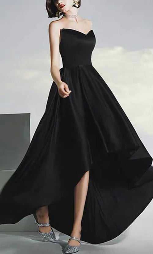 Black Satin High Low Tube Dress