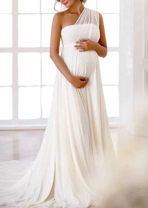 White Tube Maternity Dress with Sheer One Shoulder Look