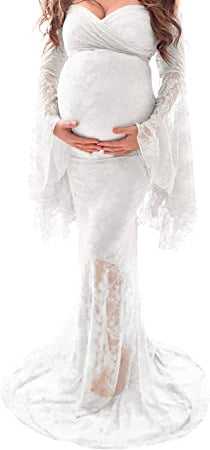 White Lace Sweeatheart Neckline Bell Sleeves Maternity Dress