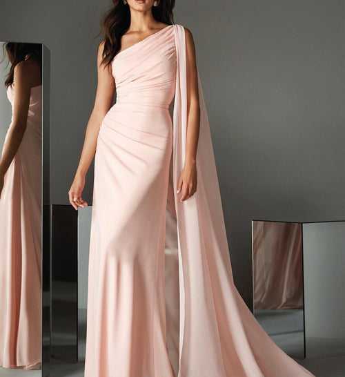 Peach Lycra and Georgette Bodycon and Draped Maxi Dress