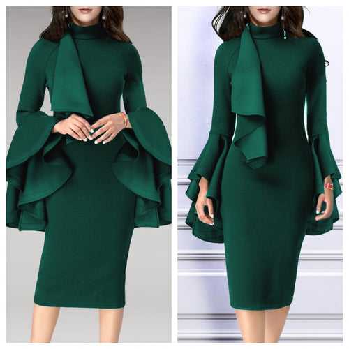 Emerald Green Bell Sleeves Belted Midi Dress
