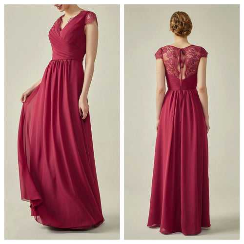 Lace Cap Sleeves V-Neck Lace Back Closure with Keyhole Bridesmaid Dress