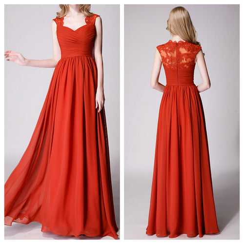Rust Modest Cap Sleeves Chiffon Long Bridesmaid Dress with Lace Back