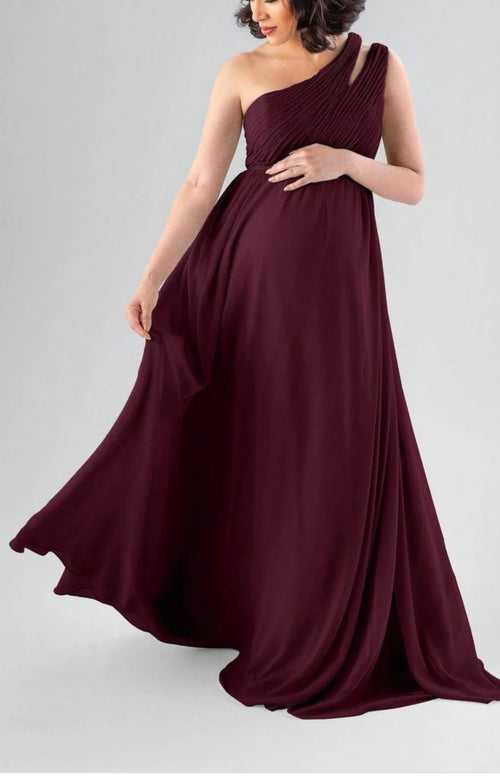 Wine One Shoulder Maternity Flared Dress