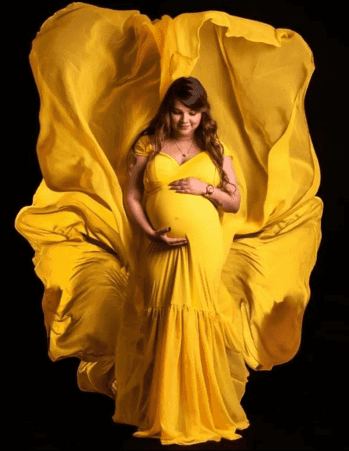 Yellow Lycra And Georgette Trail Maternity Gown