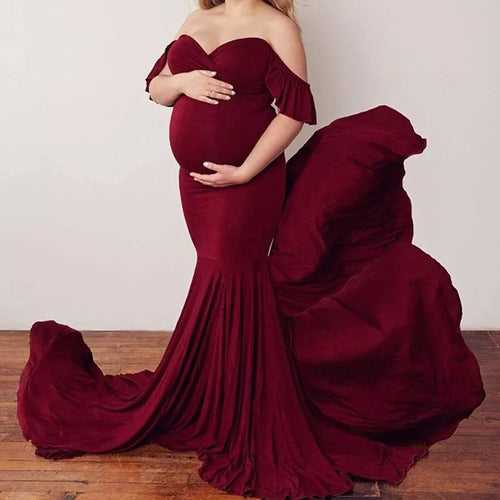 Off Shoulder Lyra and Georgette Maroon Trail Maternity Gown