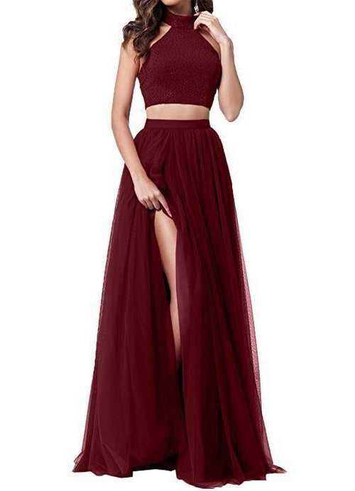 Maroon wine Two piece High Neck Top and Slit Skirt Set