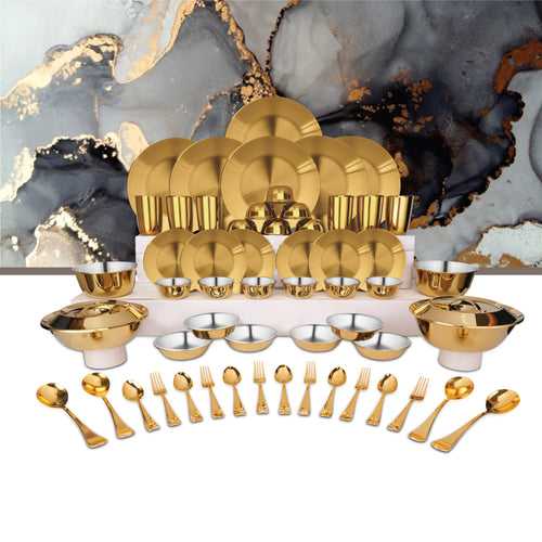 Stainless Steel 64 PCS Dinner Set (6 People) with Gold PVD Coating Signature - Matt