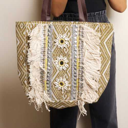 Mustard Fringed Jacquard Tote