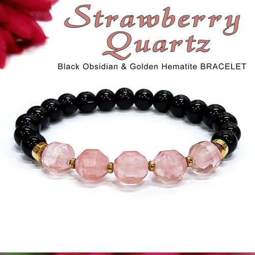 Diamond Cut Strawberry Quartz With Black Obsidian And Golden Hematite Bracelet
