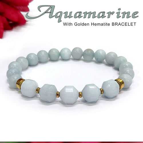 Diamond Cut Aquamarine With Golden Hematite Natural Stone Bracelet