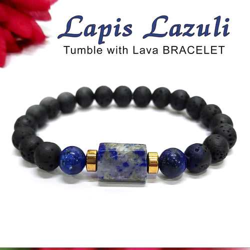 Lapis Lazuli Matte Tumble Bracelet With Lava Stone And Golden Hematite