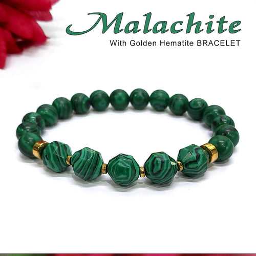 Diamond Cut Malachite Jade With Golden Hematite Natural Stone Bracelet