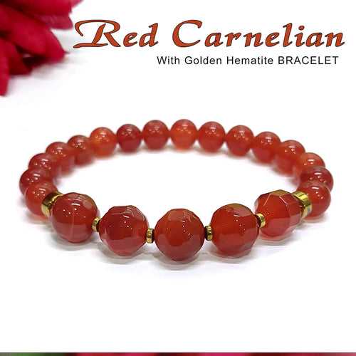 Diamond Cut Red Carnelian With Golden Hematite Natural Stone Bracelet