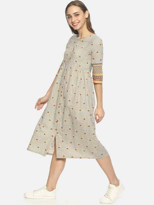Off White Block Printed Front Open Dress