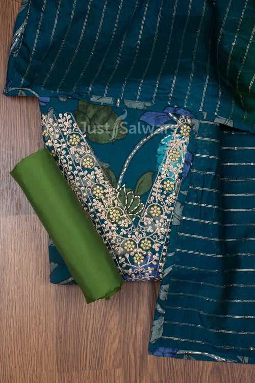 Blue and Green Colour Muslin Mix Dress Material