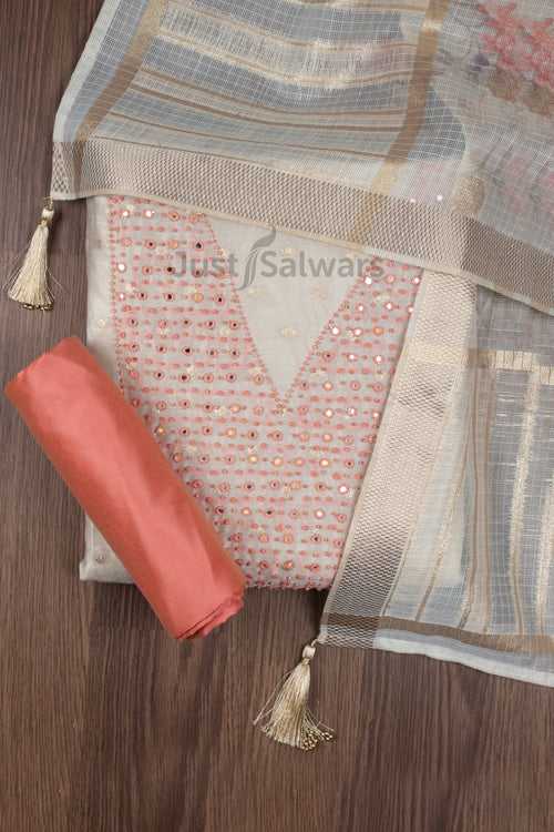 Cream and Orange Colour Silk Cotton Dress Material