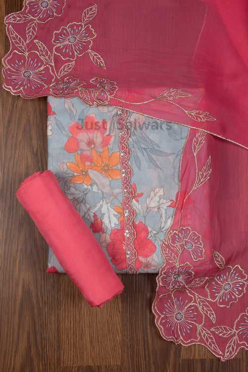 Grey and Pink Colour Muslin Dress Material with Organza Dupatta