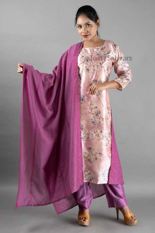 Peach and Purple Colour Silk Cotton Straight Cut Salwar Suit