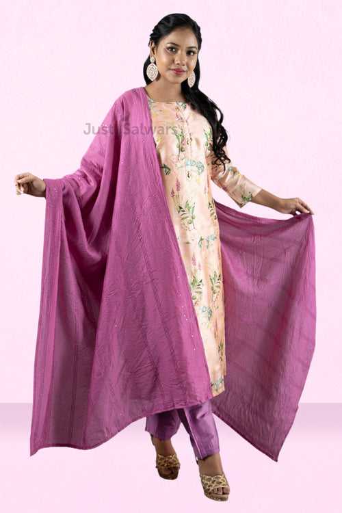 Peach and Purple Colour Silk Cotton Straight Cut Salwar Suit