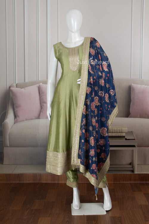Pista Green Colour Soft Silk Anarkali Suit Set