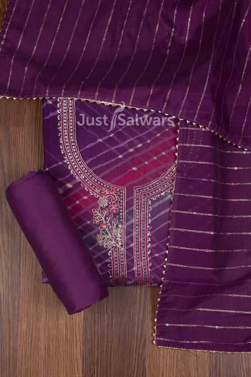 Purple and Pink Colour Muslin Dress Material with Silk Cotton Dupatta