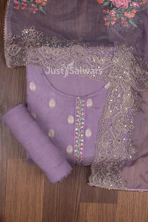 Purple Colour Muslin Dress Material with Organza Dupatta