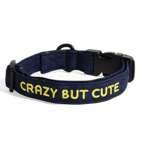 Dog Collar Neck Belt - Crazy But Cute Embroidered Denim