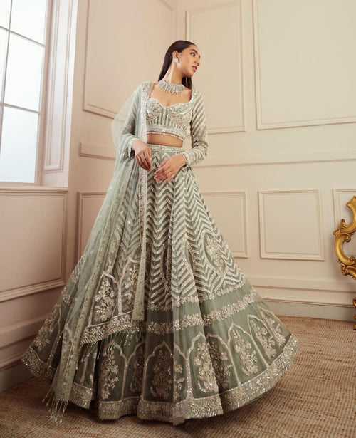 Dusky Elaichi Green Georgette Embroidered Lehnga